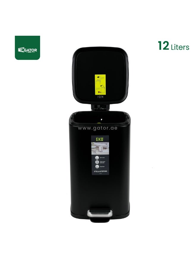 EKO Stella Step Bin | Stainless Steel Pedal Trash Bin with Soft Close Lid | Fingerprint Resistant Indoor Waste Bin | 12L | Black - Image 4